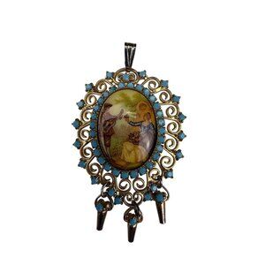 Vintage Gold Tone Victorian Style Pendant Turquoise Porcelain Scene Oval Dangles